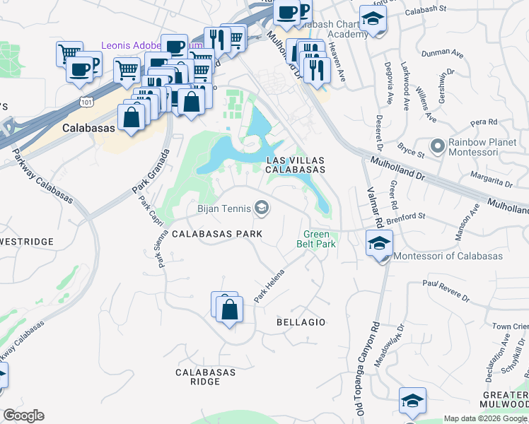 map of restaurants, bars, coffee shops, grocery stores, and more near 23206 Park Esperanza in Calabasas