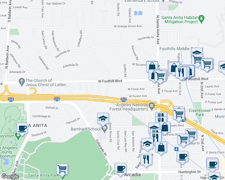 map of restaurants, bars, coffee shops, grocery stores, and more near 1026 Rancho Road in Arcadia