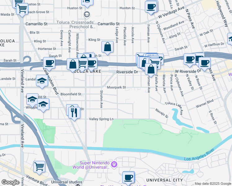 map of restaurants, bars, coffee shops, grocery stores, and more near 4363 Ledge Avenue in Los Angeles