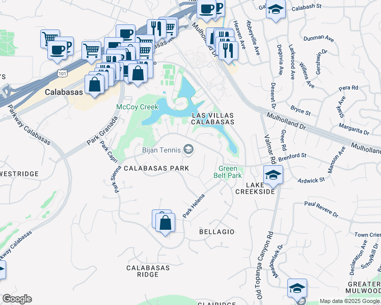 map of restaurants, bars, coffee shops, grocery stores, and more near 23207 Park Esperanza in Calabasas