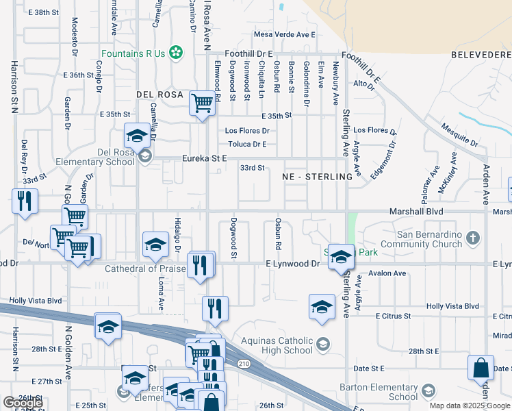 map of restaurants, bars, coffee shops, grocery stores, and more near 5780 Chiquita Lane in San Bernardino