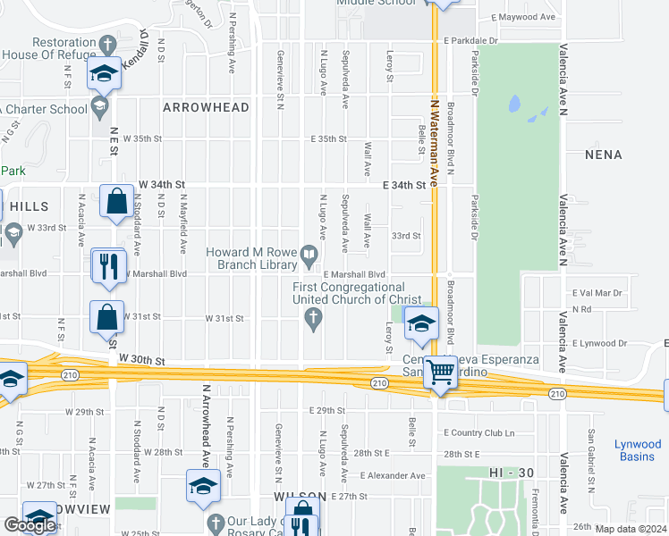 map of restaurants, bars, coffee shops, grocery stores, and more near 156 East Marshall Boulevard in San Bernardino