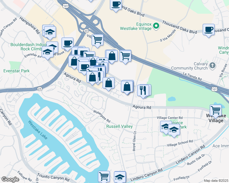 map of restaurants, bars, coffee shops, grocery stores, and more near 2996 Shadow Brook Lane in Westlake Village