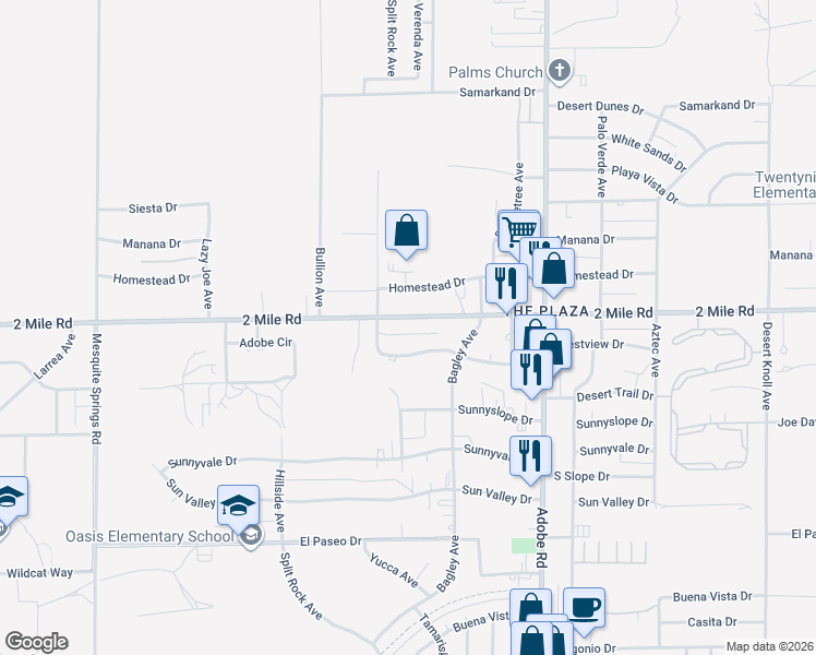 map of restaurants, bars, coffee shops, grocery stores, and more near 73456 Desert Trail Drive in Twentynine Palms