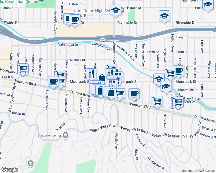 map of restaurants, bars, coffee shops, grocery stores, and more near 4348 Mammoth Avenue in Los Angeles