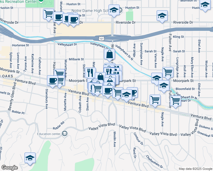 map of restaurants, bars, coffee shops, grocery stores, and more near 4402 Mammoth Avenue in Los Angeles