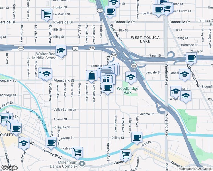 map of restaurants, bars, coffee shops, grocery stores, and more near 4413 Tujunga Avenue in Los Angeles