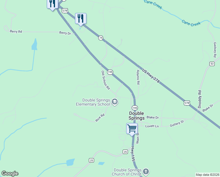 map of restaurants, bars, coffee shops, grocery stores, and more near 198 Old School Road in Double Springs