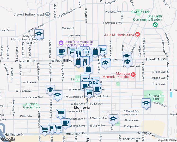 map of restaurants, bars, coffee shops, grocery stores, and more near 218 South Myrtle Avenue in Monrovia