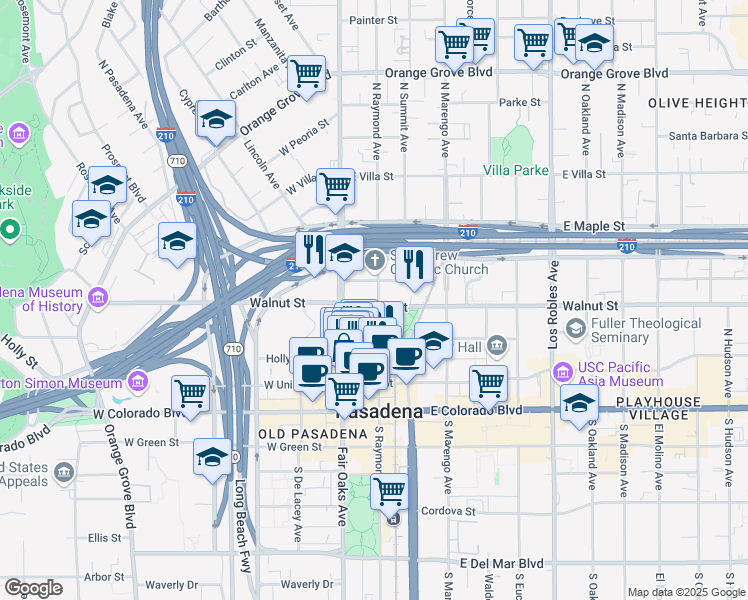 map of restaurants, bars, coffee shops, grocery stores, and more near 311 North Raymond Avenue in Pasadena