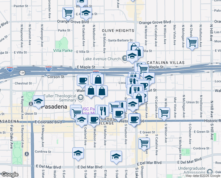 map of restaurants, bars, coffee shops, grocery stores, and more near 709 East Walnut Street in Pasadena