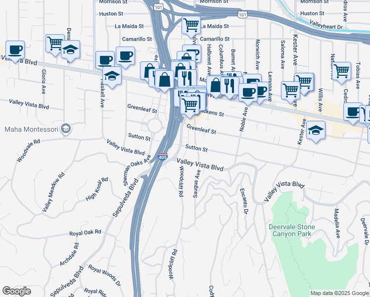map of restaurants, bars, coffee shops, grocery stores, and more near 15286 Sutton Street in Los Angeles