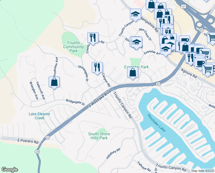 map of restaurants, bars, coffee shops, grocery stores, and more near 1161 Triunfo Canyon Road in Westlake Village