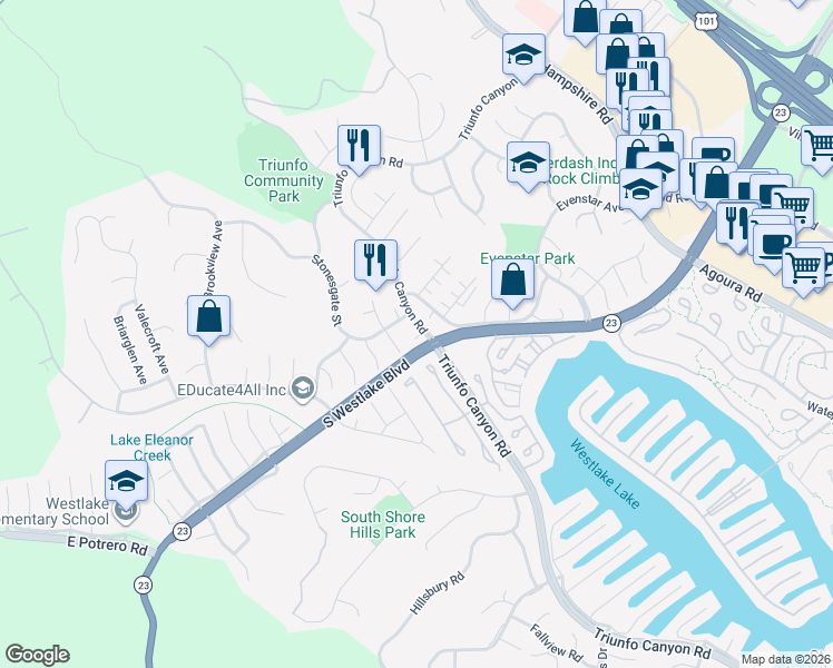 map of restaurants, bars, coffee shops, grocery stores, and more near 1161 Triunfo Canyon Road in Westlake Village