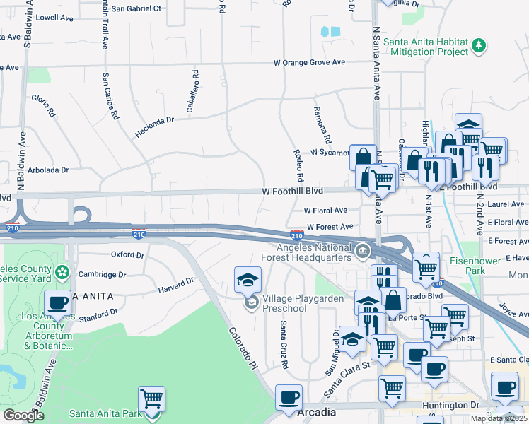 map of restaurants, bars, coffee shops, grocery stores, and more near 1026 Rancho Road in Arcadia