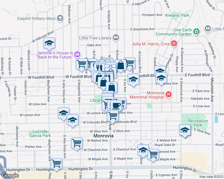 map of restaurants, bars, coffee shops, grocery stores, and more near 220 South Myrtle Avenue in Monrovia