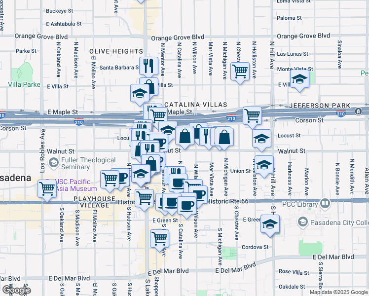 map of restaurants, bars, coffee shops, grocery stores, and more near 1010 Locust Street in Pasadena