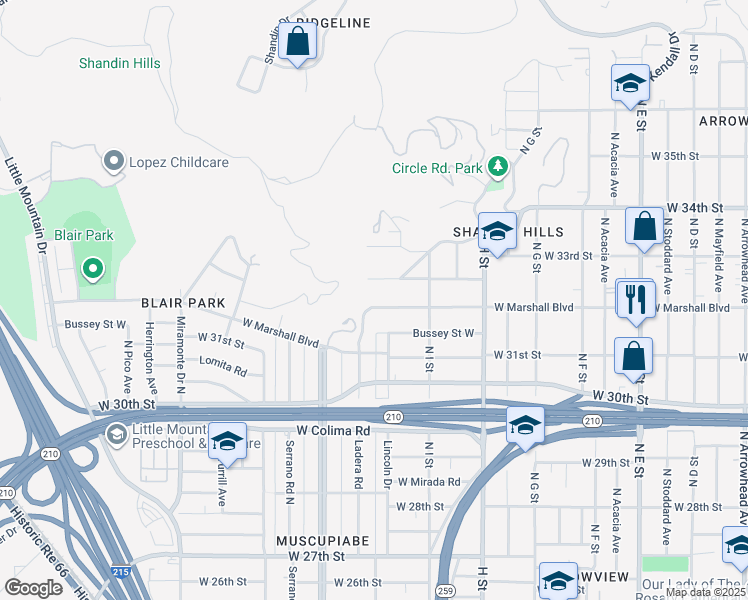map of restaurants, bars, coffee shops, grocery stores, and more near 972 West Marshall Boulevard in San Bernardino