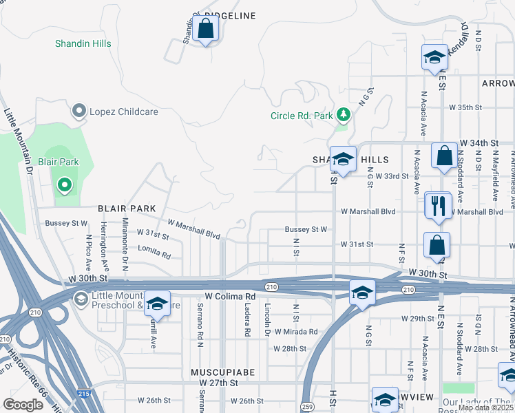 map of restaurants, bars, coffee shops, grocery stores, and more near 972 West Marshall Boulevard in San Bernardino