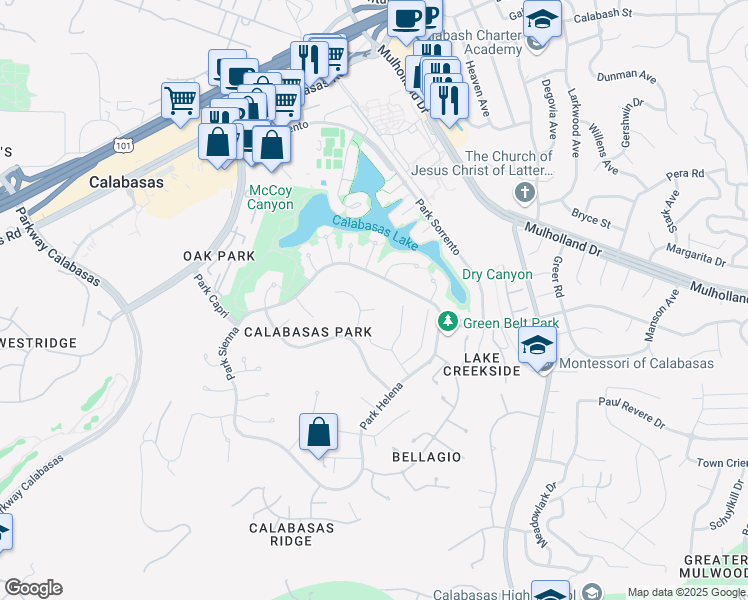map of restaurants, bars, coffee shops, grocery stores, and more near 23207 Park Esperanza in Calabasas