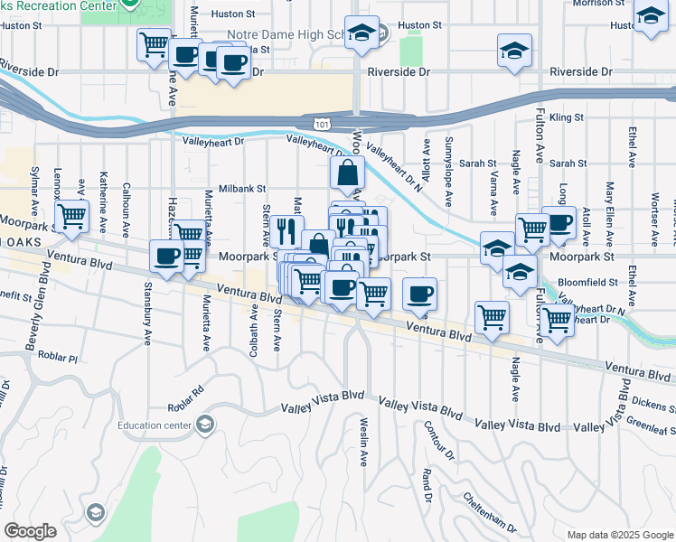 map of restaurants, bars, coffee shops, grocery stores, and more near 4348 Mammoth Avenue in Los Angeles