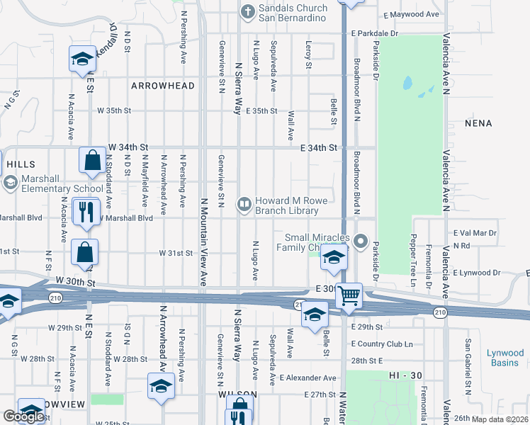 map of restaurants, bars, coffee shops, grocery stores, and more near 3248 Sepulveda Avenue in San Bernardino