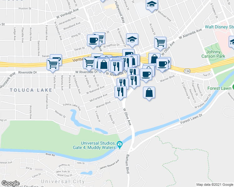 map of restaurants, bars, coffee shops, grocery stores, and more near 115 North Pass Avenue in Burbank
