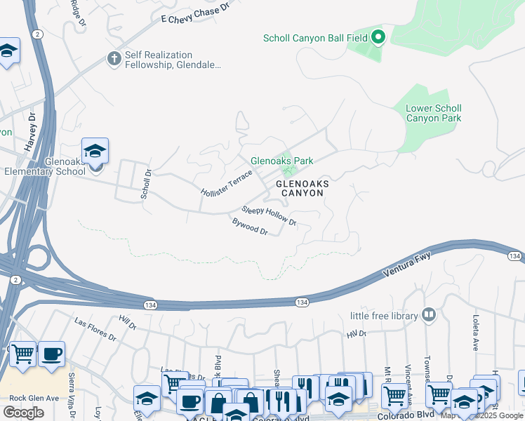 map of restaurants, bars, coffee shops, grocery stores, and more near 2445 Sleepy Hollow Drive in Glendale