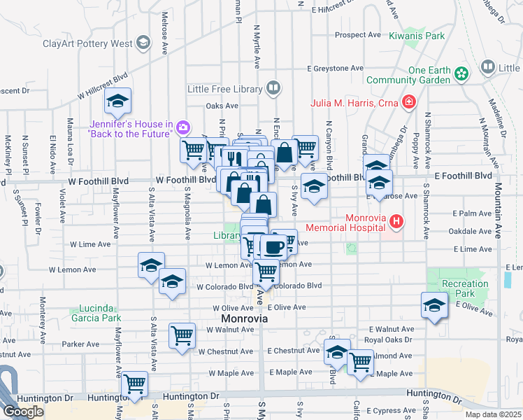 map of restaurants, bars, coffee shops, grocery stores, and more near 218 South Myrtle Avenue in Monrovia