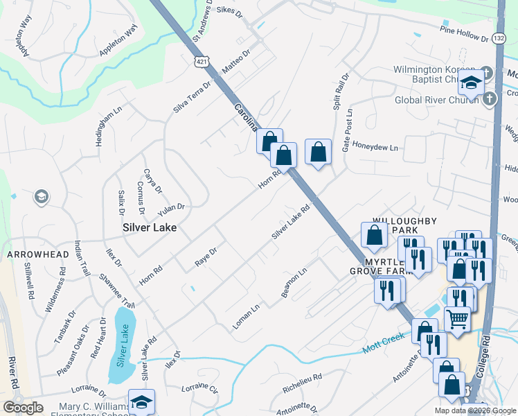 map of restaurants, bars, coffee shops, grocery stores, and more near 103 Horn Road in Wilmington