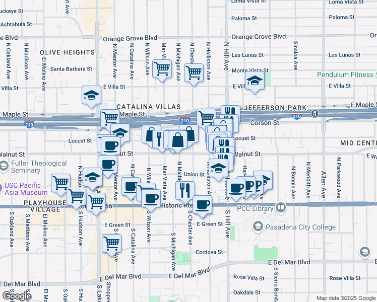 map of restaurants, bars, coffee shops, grocery stores, and more near 256 North Michigan Avenue in Pasadena