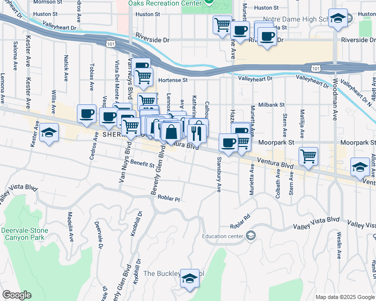 map of restaurants, bars, coffee shops, grocery stores, and more near 14301 Ventura Boulevard in Los Angeles