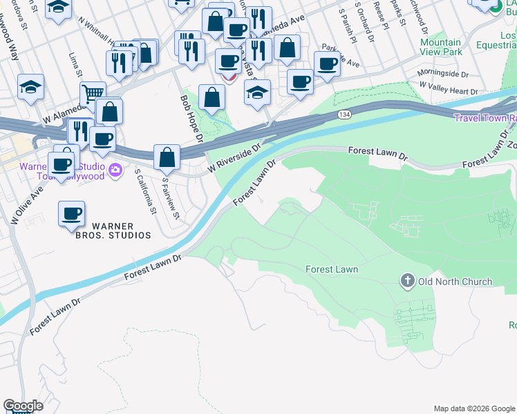 map of restaurants, bars, coffee shops, grocery stores, and more near 6300 Forest Lawn Drive in Los Angeles
