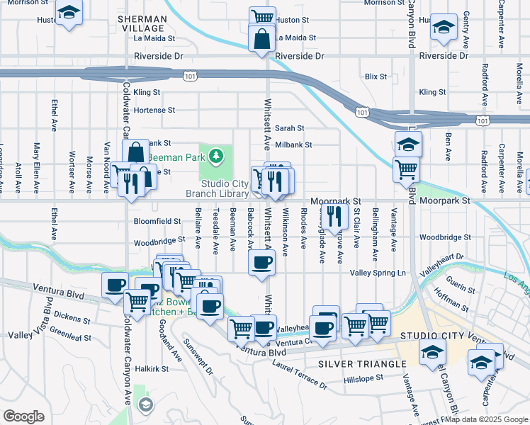 map of restaurants, bars, coffee shops, grocery stores, and more near 12511 Moorpark Street in Los Angeles
