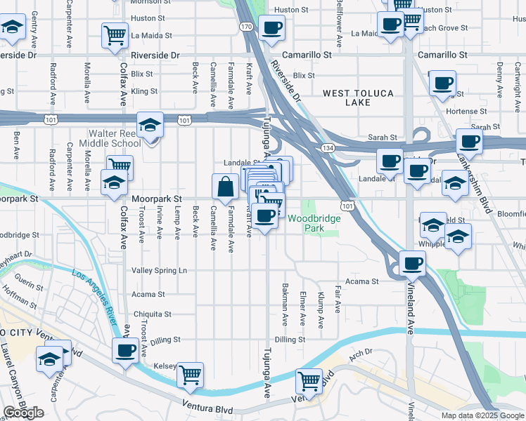 map of restaurants, bars, coffee shops, grocery stores, and more near 4383 Tujunga Avenue in Los Angeles