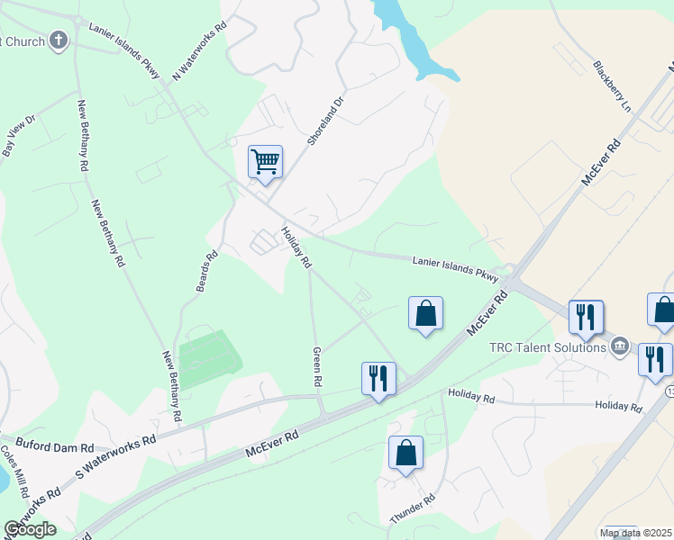 map of restaurants, bars, coffee shops, grocery stores, and more near 5641 Lanier Islands Parkway in Buford