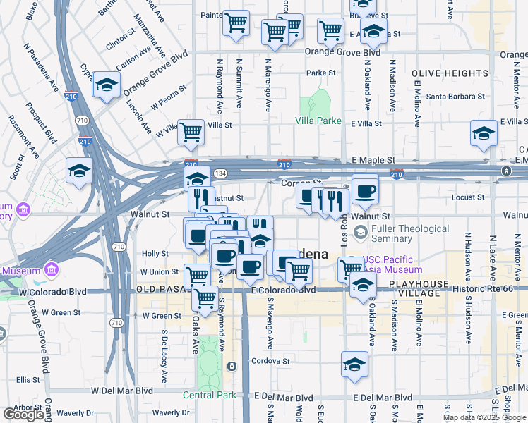 map of restaurants, bars, coffee shops, grocery stores, and more near 223-271 North Marengo Avenue in Pasadena