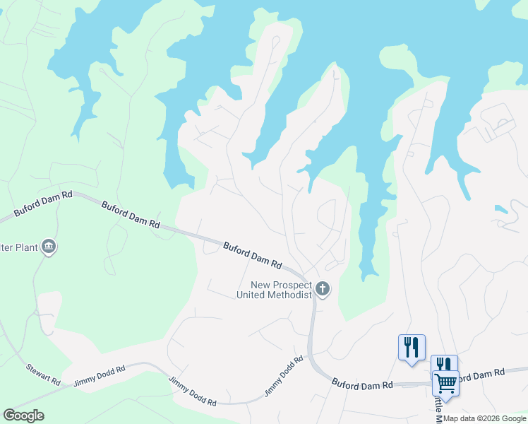 map of restaurants, bars, coffee shops, grocery stores, and more near 6151 Lakeview Drive in Buford