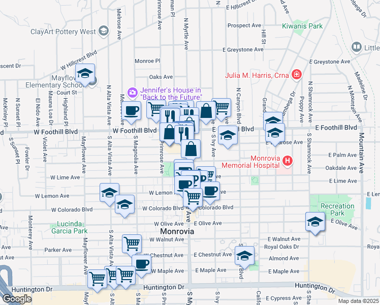 map of restaurants, bars, coffee shops, grocery stores, and more near 220 South Myrtle Avenue in Monrovia