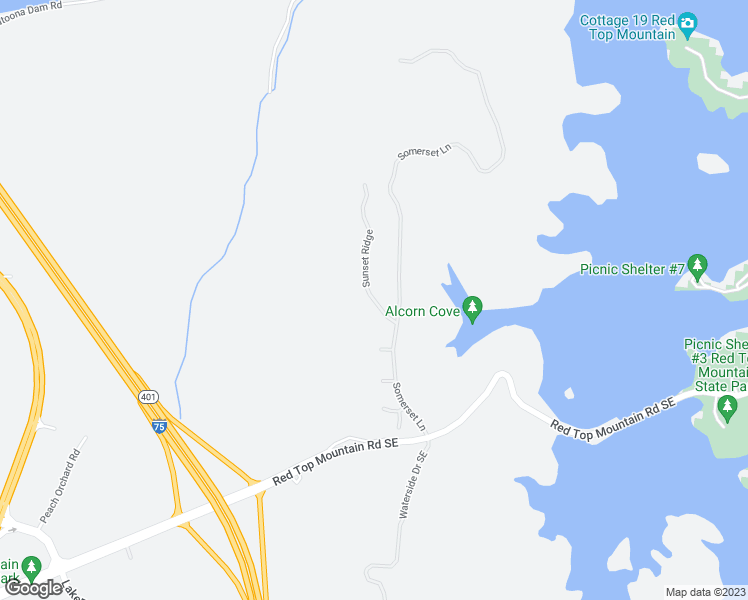 map of restaurants, bars, coffee shops, grocery stores, and more near 15 Sunset Ridge in Cartersville