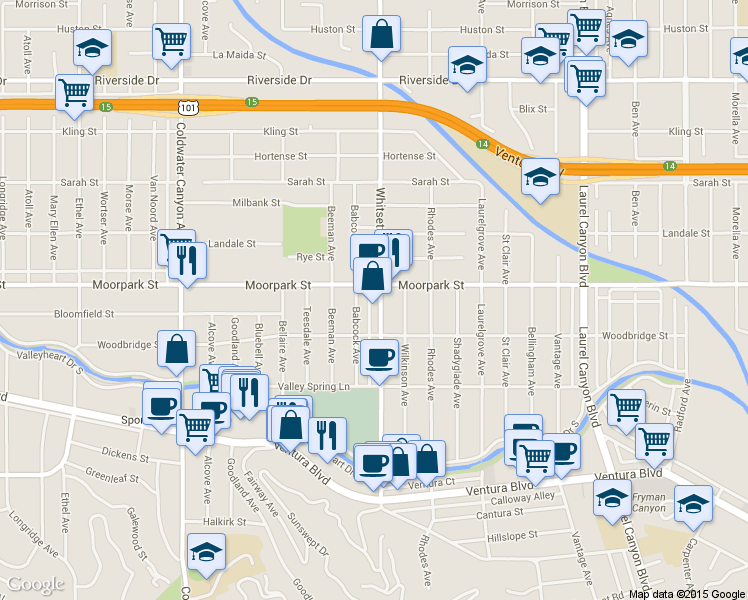 map of restaurants, bars, coffee shops, grocery stores, and more near 4343 Whitsett Avenue in Los Angeles