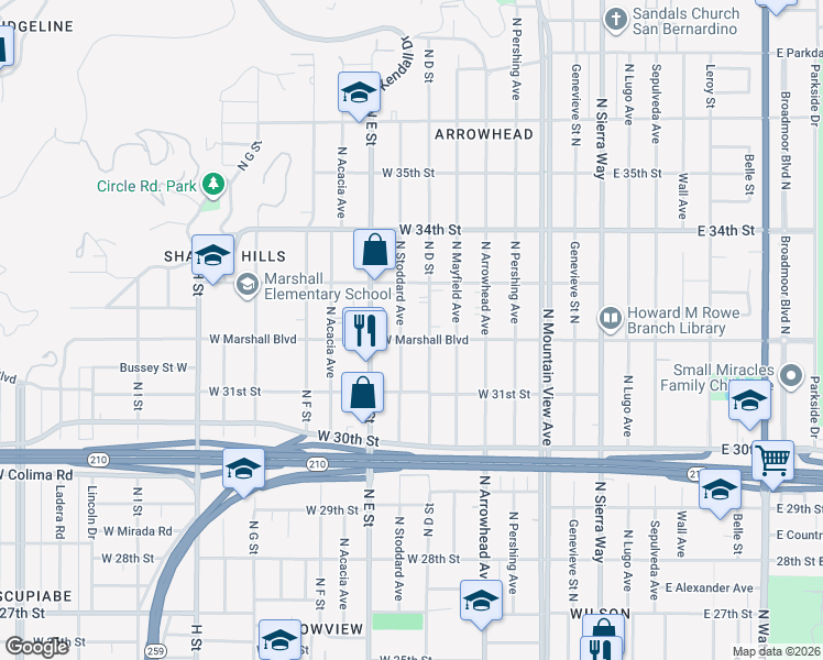 map of restaurants, bars, coffee shops, grocery stores, and more near 3255 North Stoddard Avenue in San Bernardino