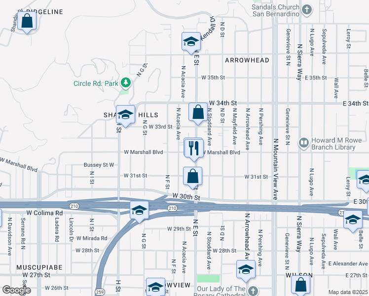 map of restaurants, bars, coffee shops, grocery stores, and more near 3255 North Acacia Avenue in San Bernardino