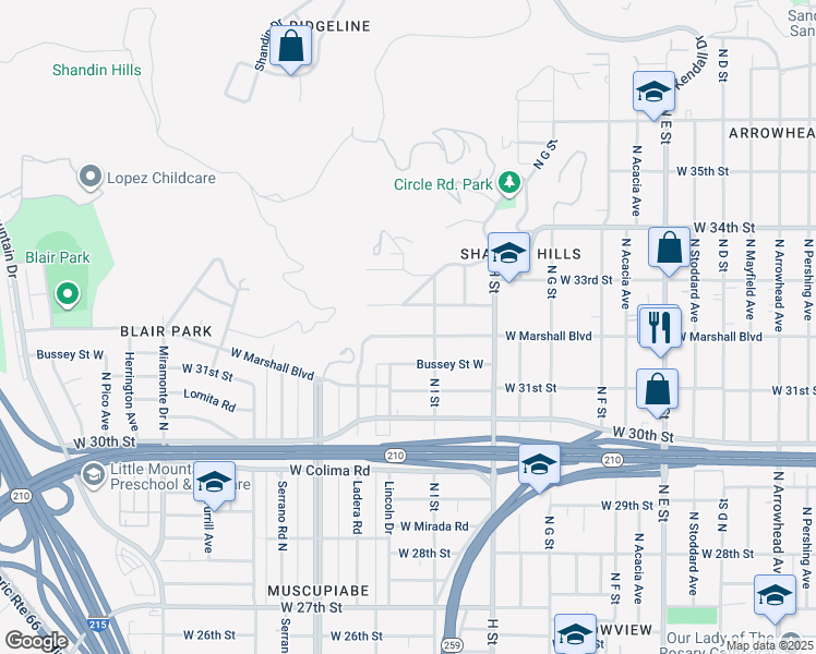 map of restaurants, bars, coffee shops, grocery stores, and more near 941 West Edgemont Drive in San Bernardino