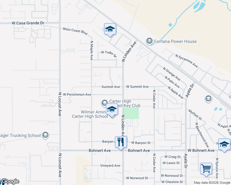 map of restaurants, bars, coffee shops, grocery stores, and more near 1558 Summit Avenue in Rialto