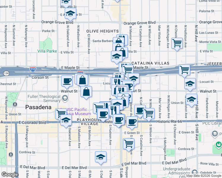 map of restaurants, bars, coffee shops, grocery stores, and more near in Pasadena