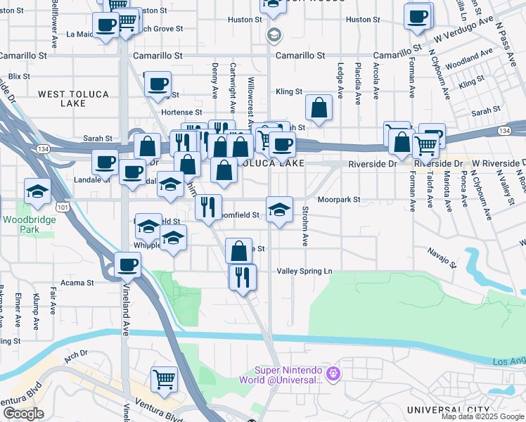 map of restaurants, bars, coffee shops, grocery stores, and more near 10611 Moorpark Street in Los Angeles