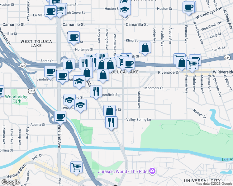 map of restaurants, bars, coffee shops, grocery stores, and more near 10611 Moorpark Street in Los Angeles