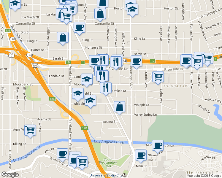 map of restaurants, bars, coffee shops, grocery stores, and more near 10740 Moorpark Street in Los Angeles