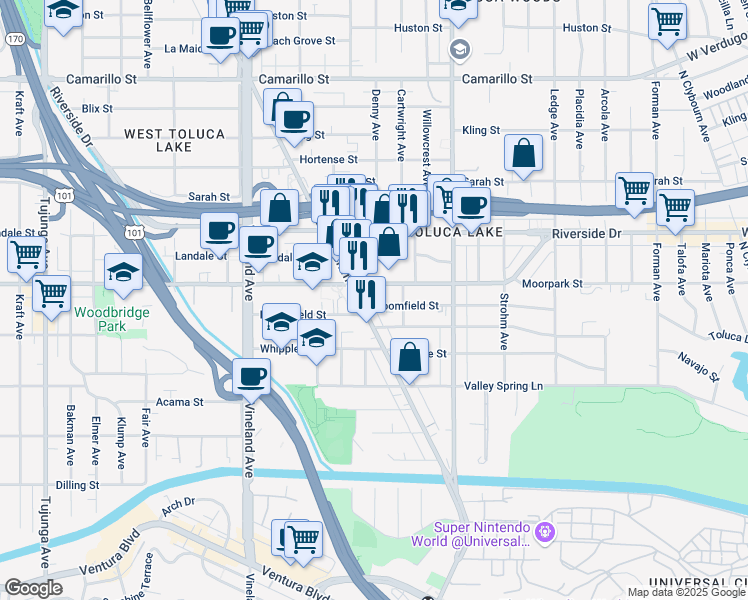 map of restaurants, bars, coffee shops, grocery stores, and more near 10740 Moorpark Street in Los Angeles